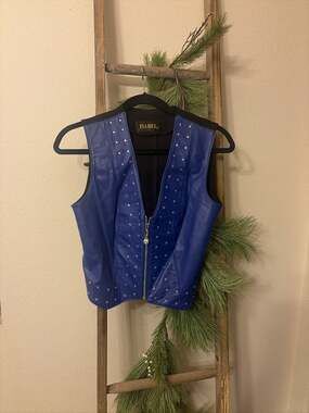 Isabel USA Blue Leather Rhinestone Embellished Zip-Up Vest Size M